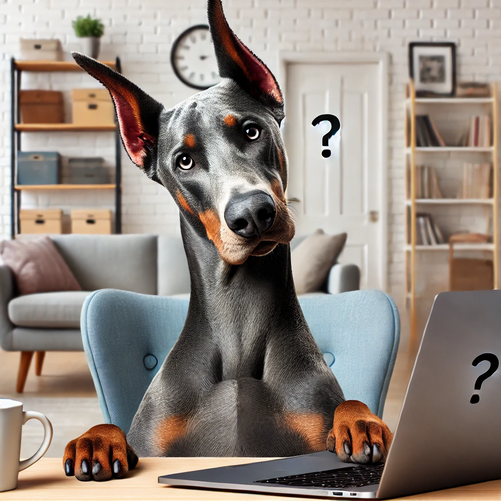 Sabre tilting his head at a laptop, looking puzzled