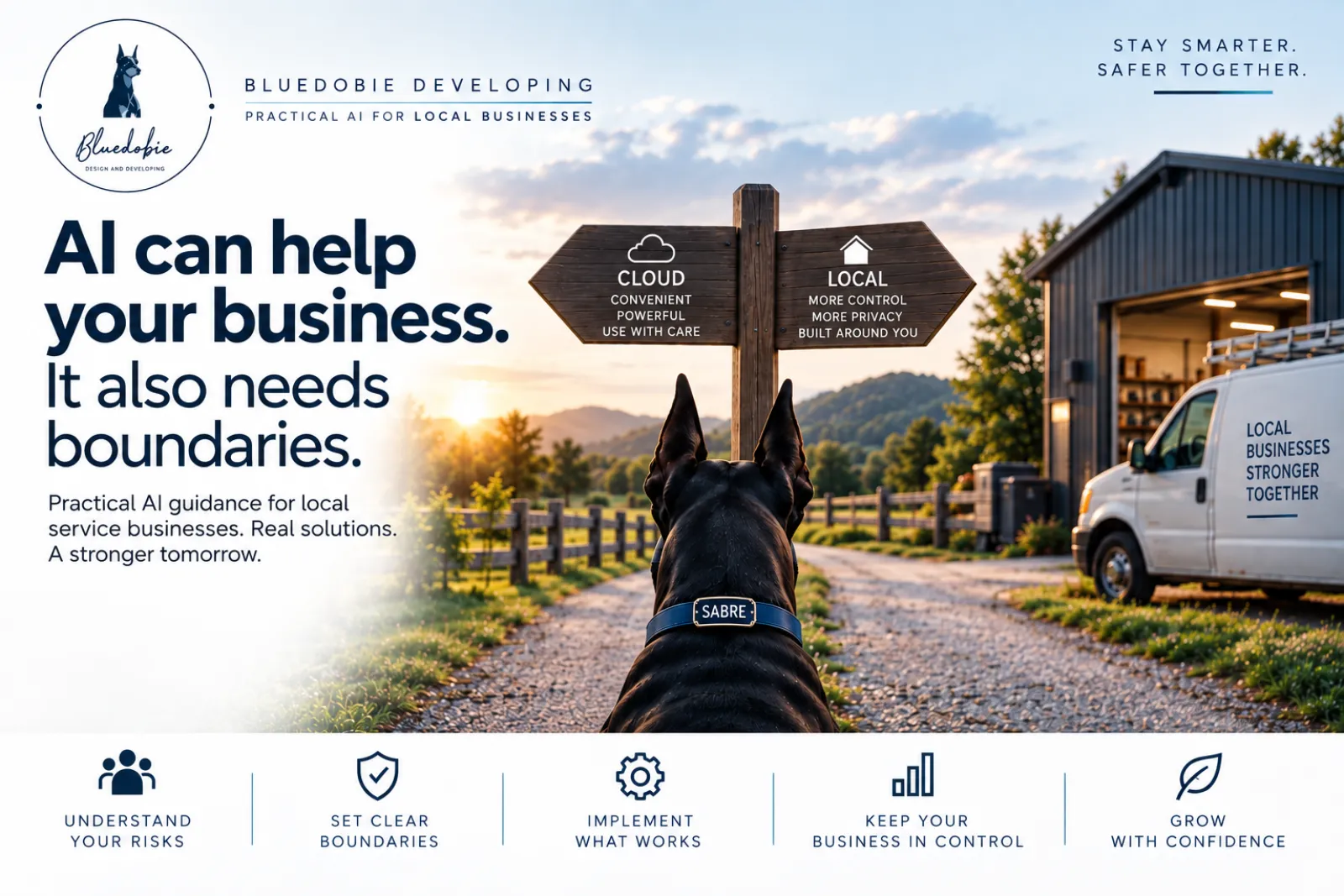 AI can help your business. It also needs boundaries. Sabre, a Doberman, sits on a gravel drive facing a wooden signpost: Cloud — convenient, powerful, use with care — one way, and Local — more control, more privacy, built around you — the other.