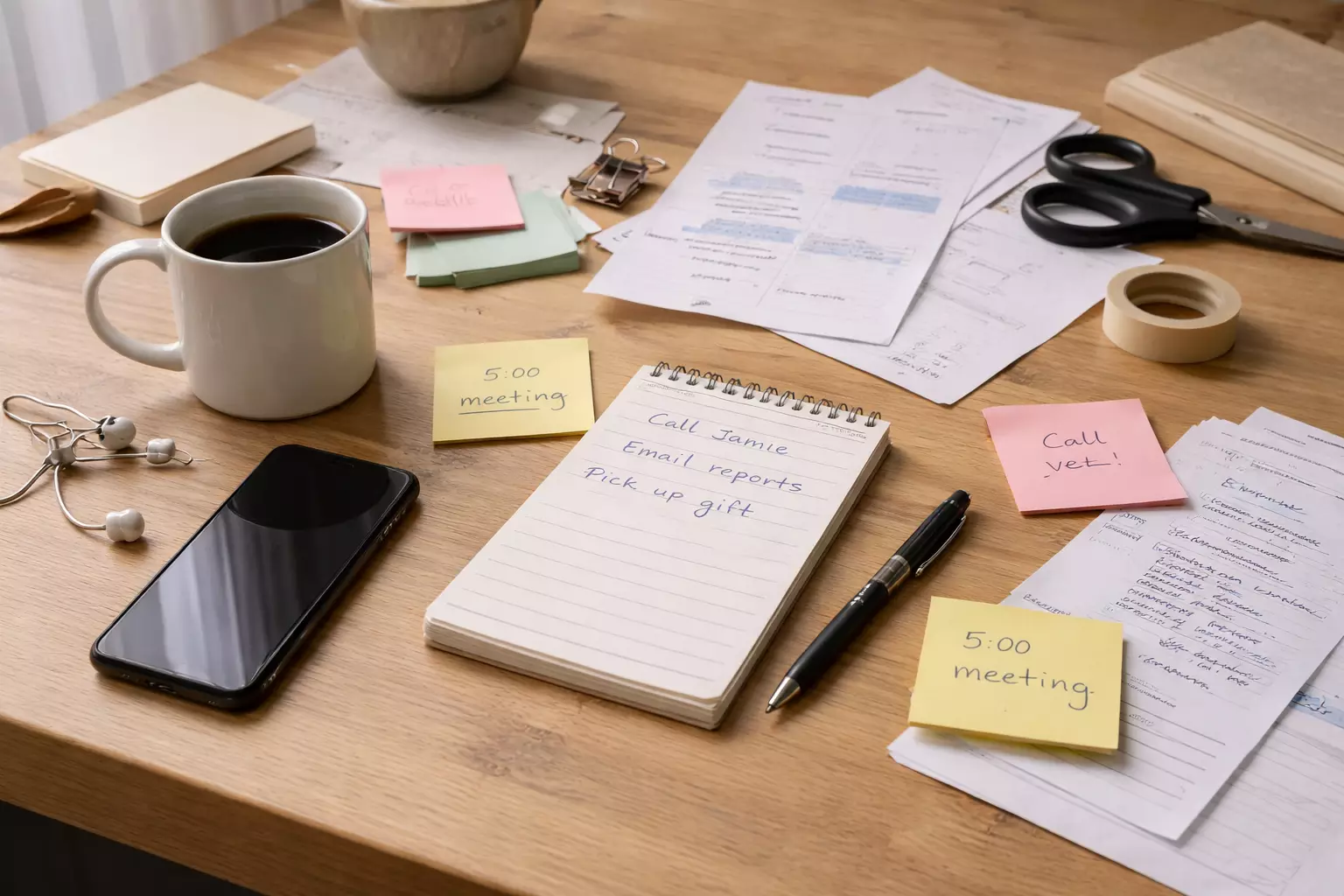 Cluttered desk representing decision overload