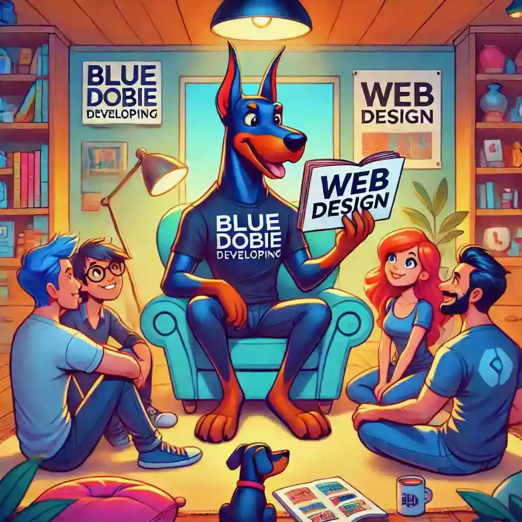 Doberman telling a story to web designers