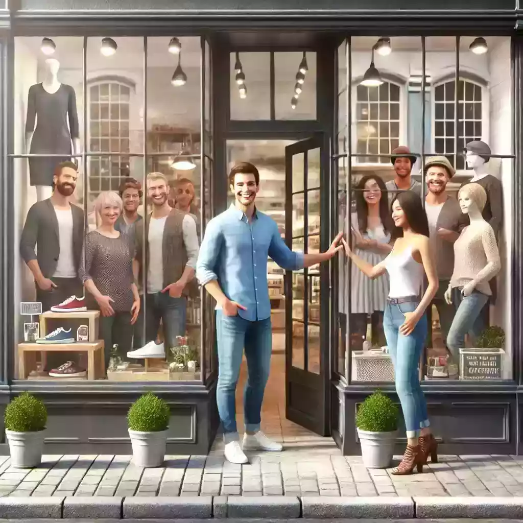 Entrepreneur opening door to multiple customers