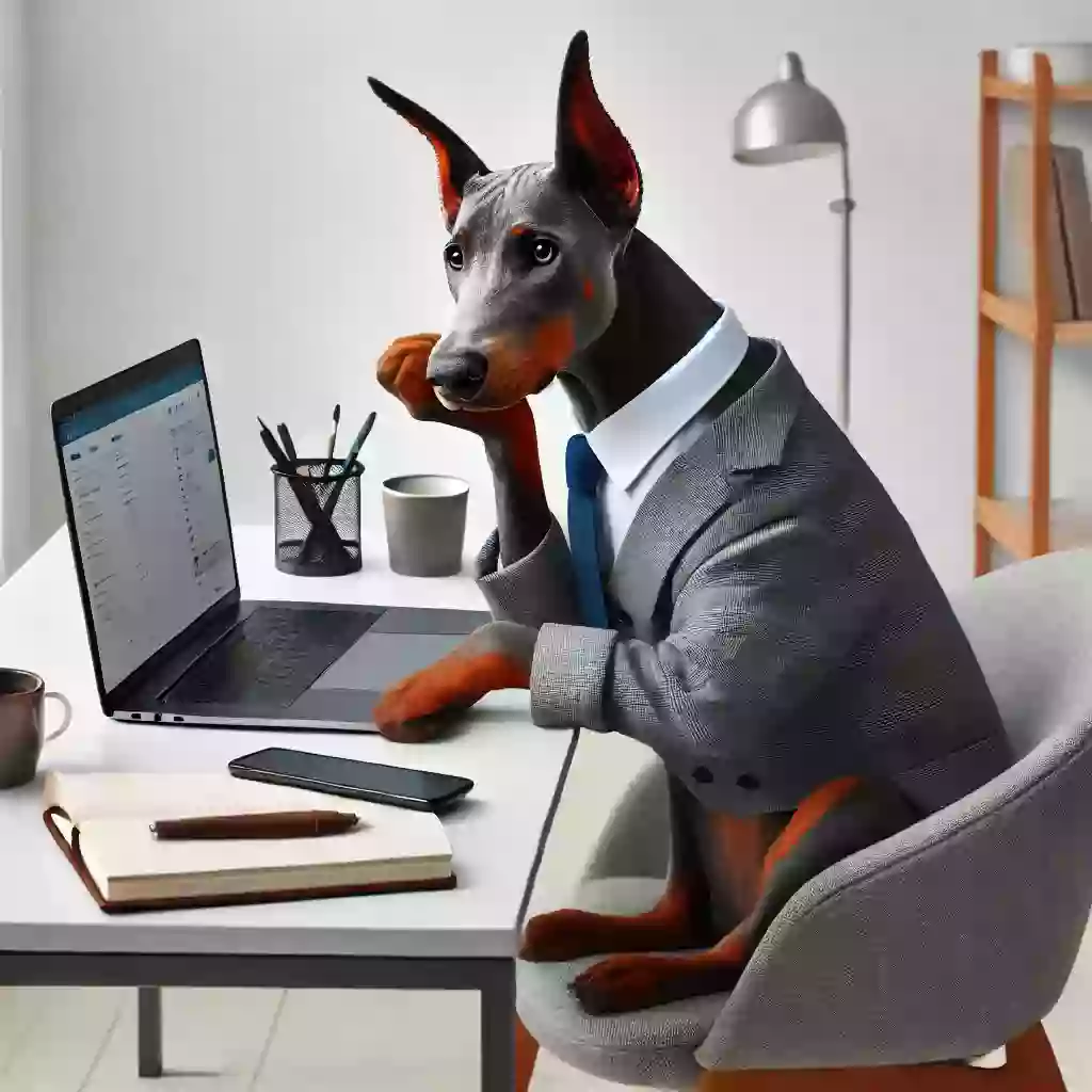 Doberman sitting at a desk