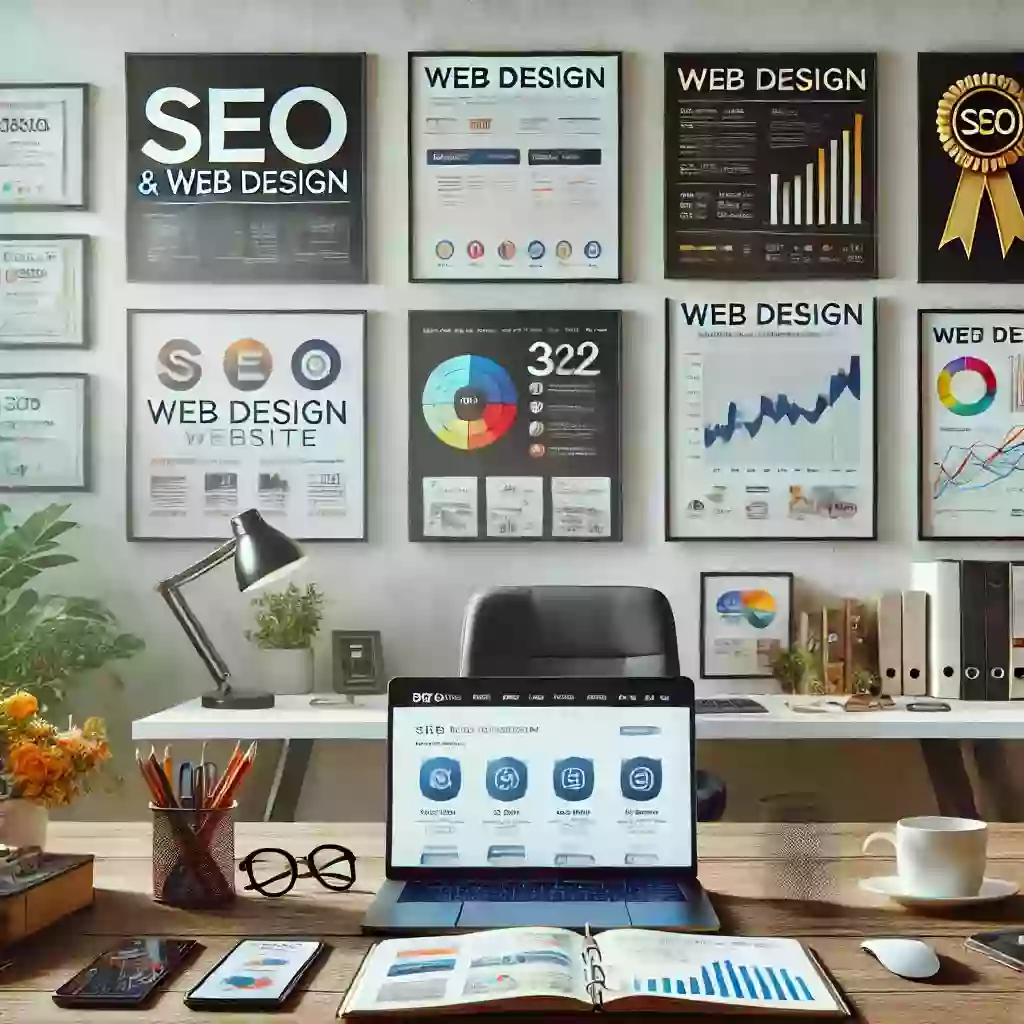 office scene with images of SEO and Web Design